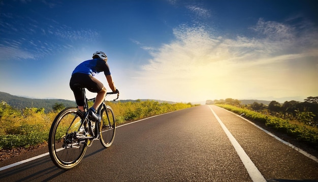 a man riding a bike on the road with a blue sky in the background