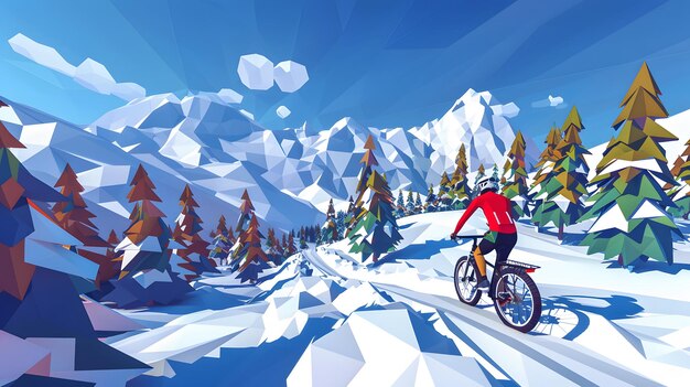 a man riding a bike in the snow with mountains in the background