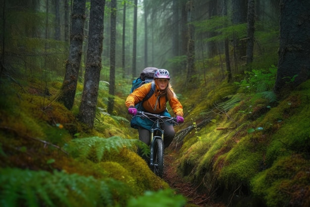 A man riding a bike through a forest Generative Ai