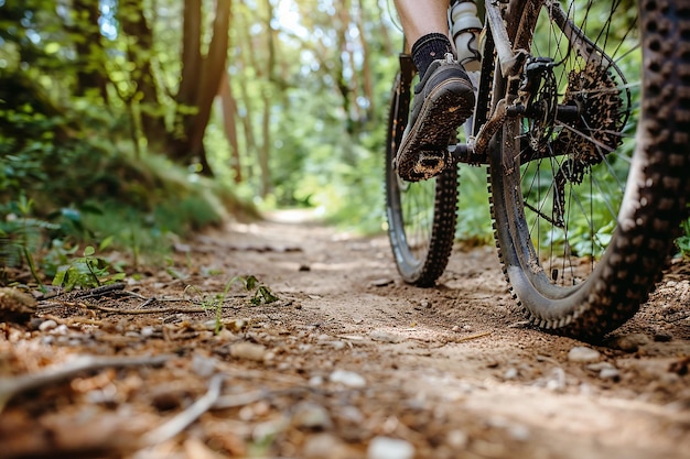 a man riding a bike through a forest with trees in the background