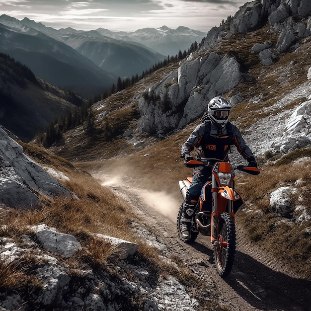 A man riding a bike on a trail with mountains in the background.