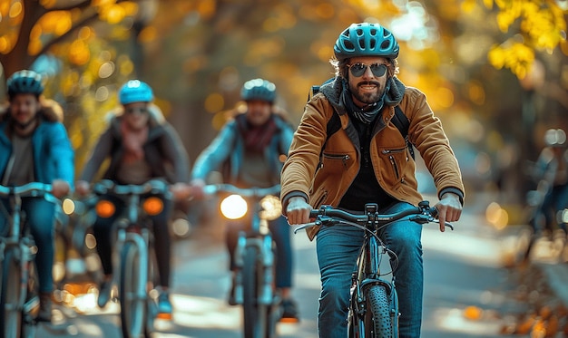 Photo a man riding a bike with a helmet on