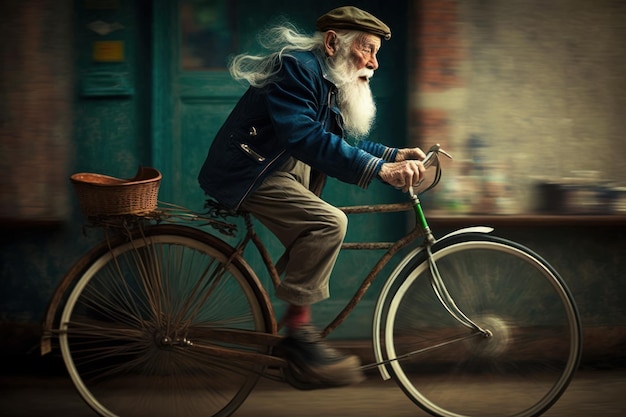 Man riding bike with long white beard Generative AI