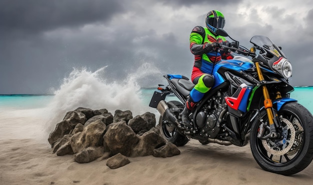 A man riding a blue bmw r120 motorcycle on a beach.