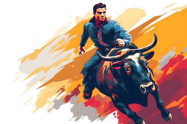 A man riding a bull with a blue shirt that says'bull'on it