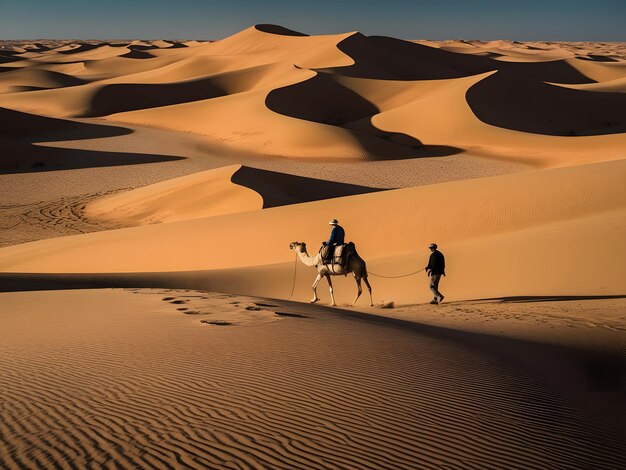 Photo a man riding a camel through the desert with a camel and rider