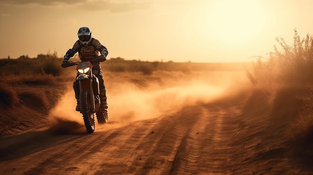 A man riding a dirt bike in the desert with the sun setting behind him.