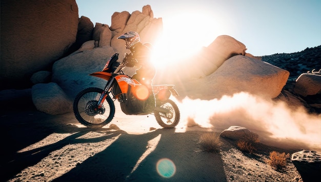 A man riding a dirt bike in the desert