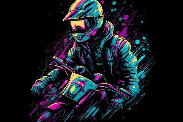 Man riding dirt bike on top of purple and blue background Generative AI