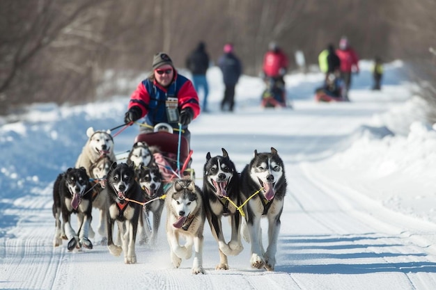 Photo a man riding a dog sled down a snow covered road