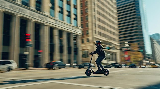 Man Riding Electric Scooter on City Street With Blurred Background