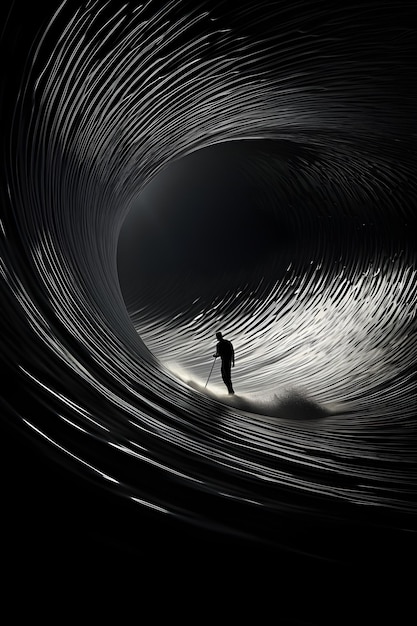 a man riding his surfboard in waves in the style of black and white abstraction