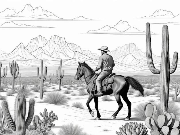 Photo a man riding a horse across a desert landscape with cacti and distant mountains