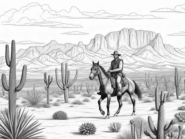 Photo a man riding a horse across a desert landscape with cacti and distant mountains