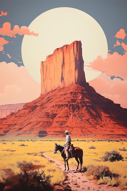 a man riding a horse in a desert landscape