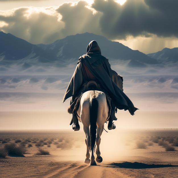 a man riding a horse in the desert with mountains in the background