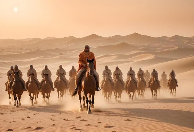 Photo a man riding a horse in the desert with the sun behind him