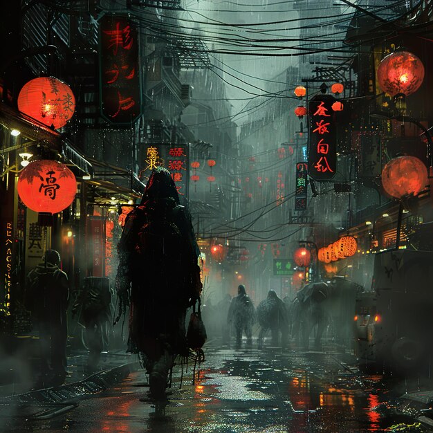 a man riding a horse down a street with chinese lanterns on the right