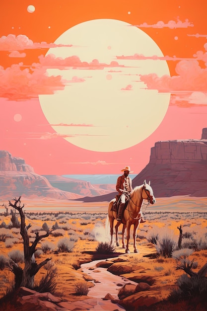 a man riding a horse in front of a sun with a red background