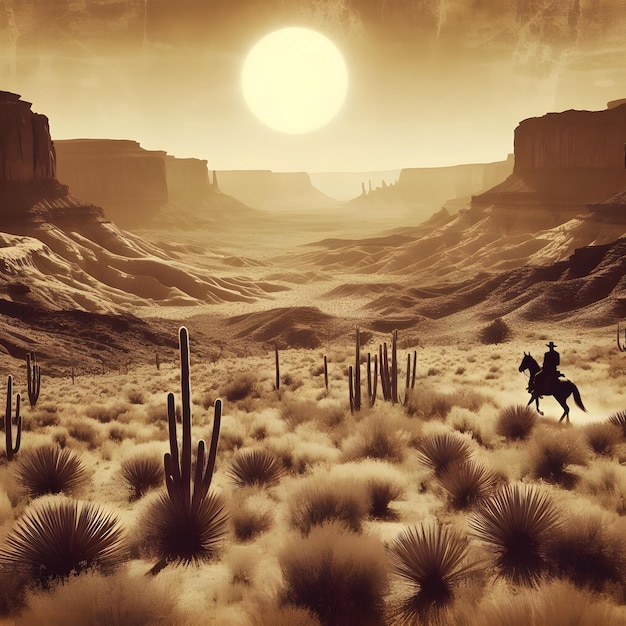 Photo a man riding a horse through a desert landscape