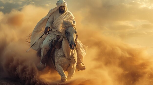 a man riding a horse with a white cloak on his head