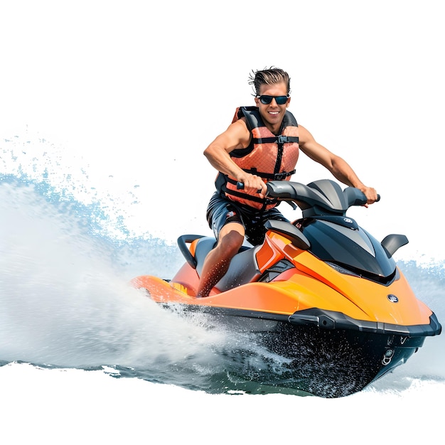 a man riding a jet ski on top of a body of water suitable for recreational water sports or summer