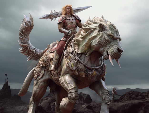 A man riding a lion and a sword on a horse