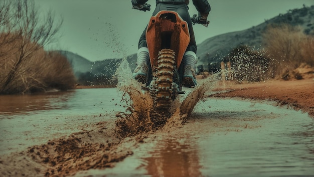 Photo a man riding a moped through a muddy puddle