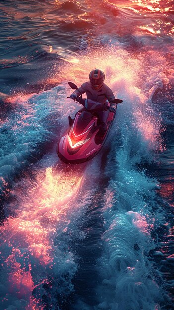 Photo a man riding a motor bike on a wave with the light on the back