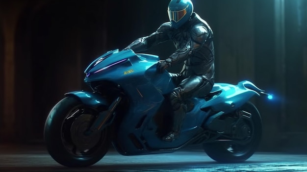 A man riding a motorcycle in a dark city.