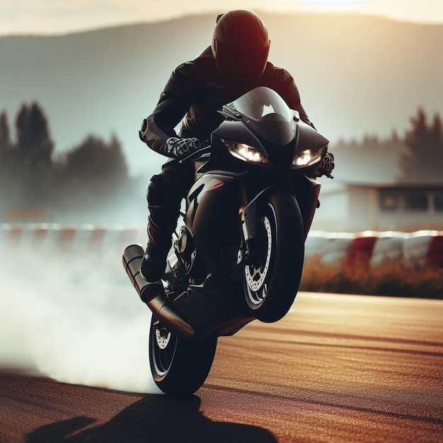 a man riding a motorcycle on a dirt track with a mountain in the background