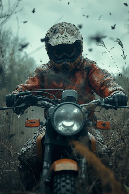 Photo man riding motorcycle in the mud with helmet offroad adventure photography