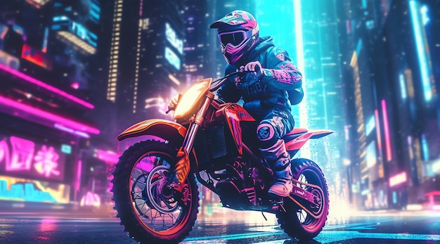 A man riding a motorcycle in a neon city