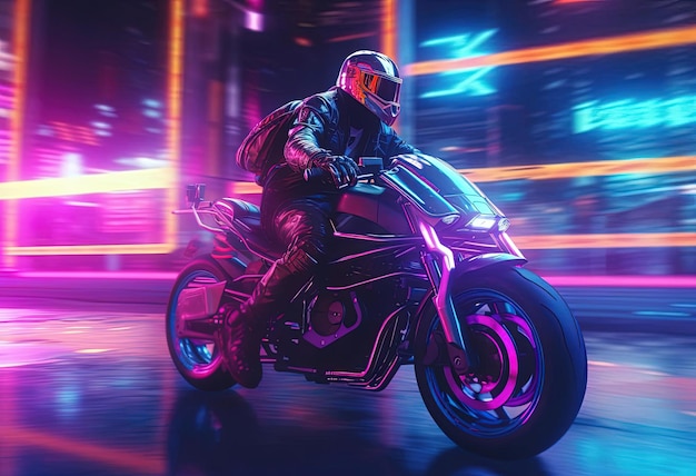 a man riding a motorcycle at night in a neon light in the style of realistic textures