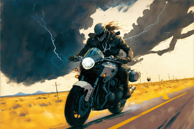 Man riding motorcycle on road against cloudy sky digital painting artwork