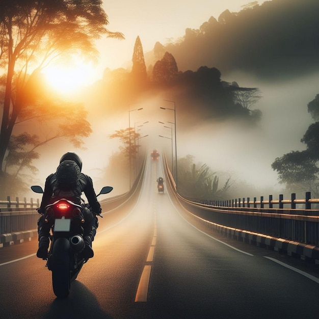 a man riding a motorcycle on a road with the sun setting behind him