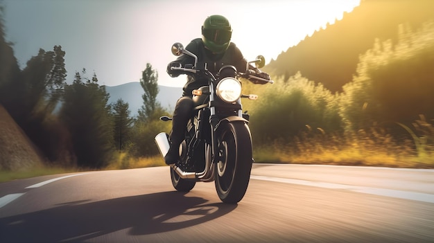 A man riding a motorcycle on a road with the sun shining on the background.