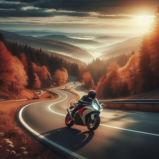 a man riding a motorcycle on a road with a sunset in the background