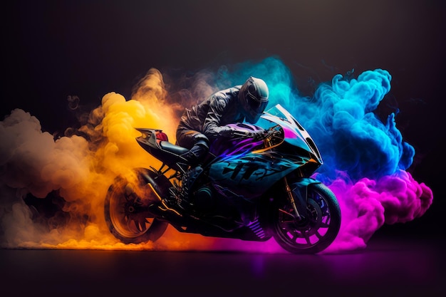 Man riding motorcycle through colorful smoke Generative AI