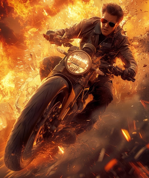 A man riding a motorcycle through a fiery explosion