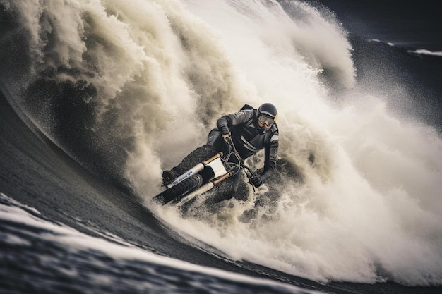 Photo a man riding a motorcycle on top of a wave