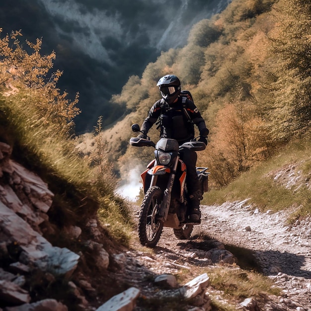 A man riding a motorcycle on a trail with a mountain behind him.