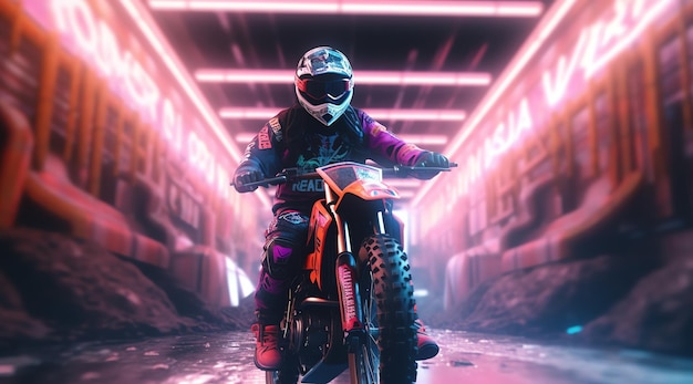 A man riding a motorcycle in a tunnel with neon lights on the back