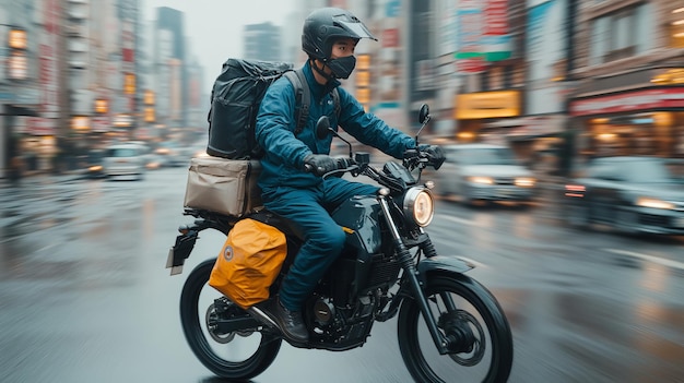 Photo a man riding a motorcycle with a yellow bag on his back