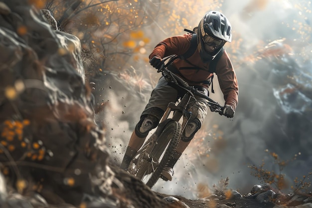 Photo man riding a mountain bike on a challenging trail