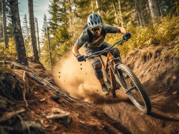 A man riding a mountain bike in the woods with the word mtb on the front.