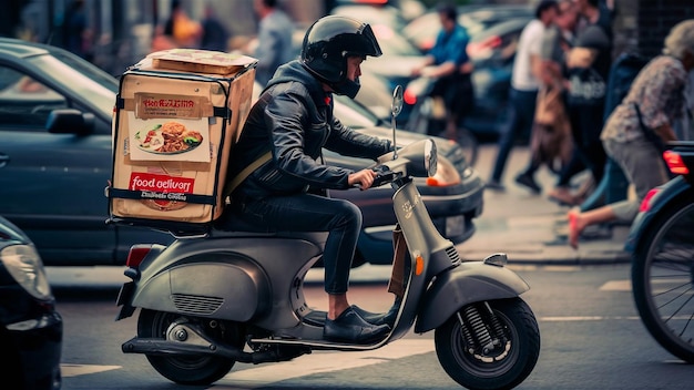 a man riding a scooter with a box on the back of it