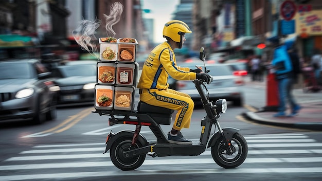 a man riding a scooter with a box of food on the back