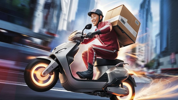 a man riding a scooter with a box on the front