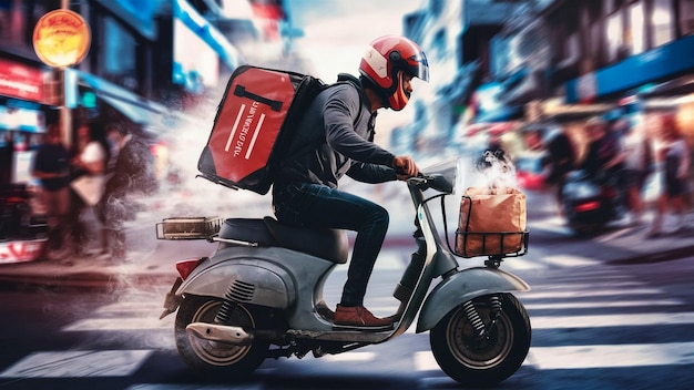 a man riding a scooter with a red backpack on the back